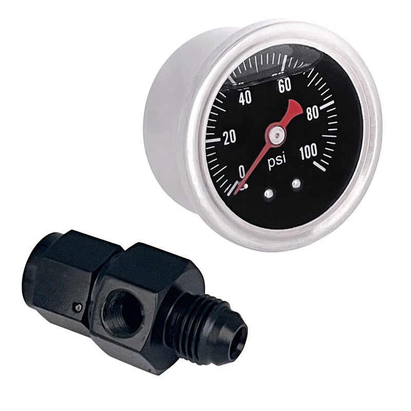 CYONRUAN Universal Fuel Pressure Gauge Liquid 0-100psi Oil Press Gauge 1/8"" NPT with an 6 Fuel Pressure Take Off Fitting 6an Adapter - Image 1